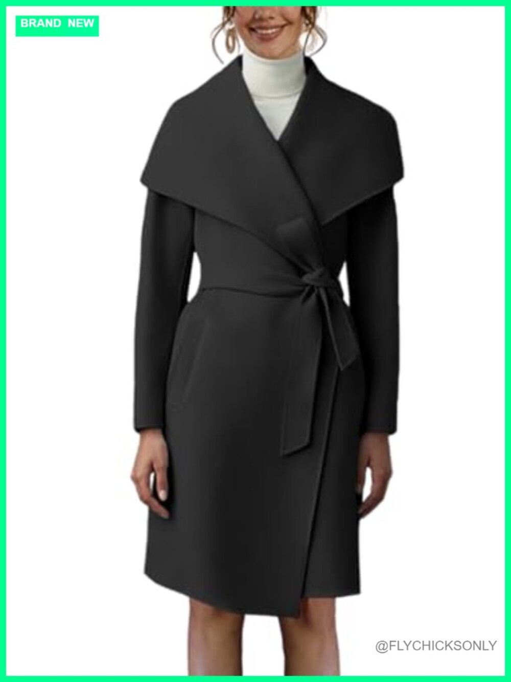 Women's Pea Trench Coat Lapel Collar Open Front Belted Long Jacket